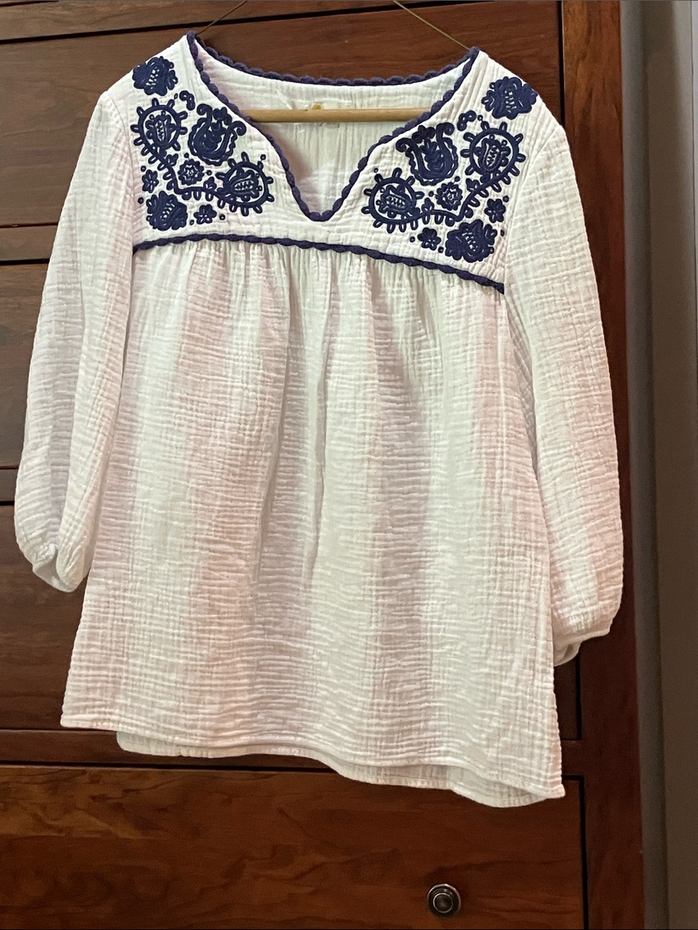 Boden White Gauze Tunic with Navy Embroidery